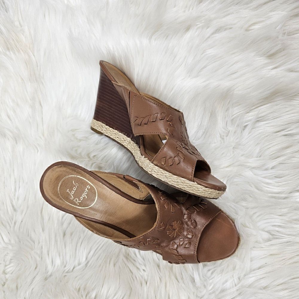 Jack Rogers Sophia Wooden Brown Woven Slip On Wedges Size 7.5